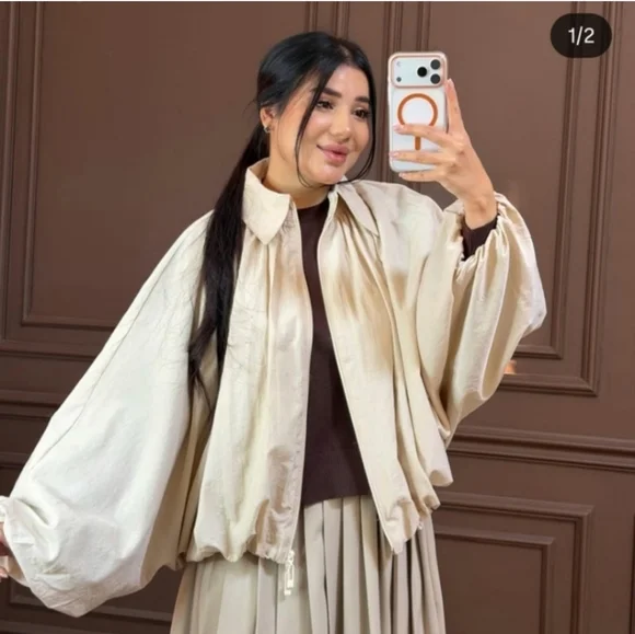 ZARA NWT Satin Bomber Jacket Puffed ZW Collection Cream Size M - Picture 9 of 16